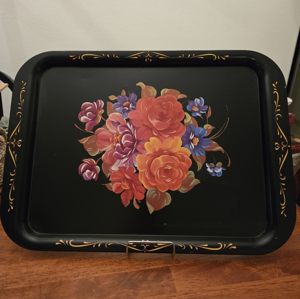 vintage hand painted toleware black floral metal tray